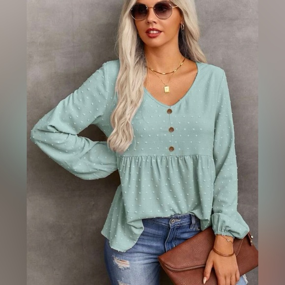 SHEIN Swiss Dot Button Detail Latern Sleeve Peplum Blouse Mint Green size Small - Picture 1 of 11